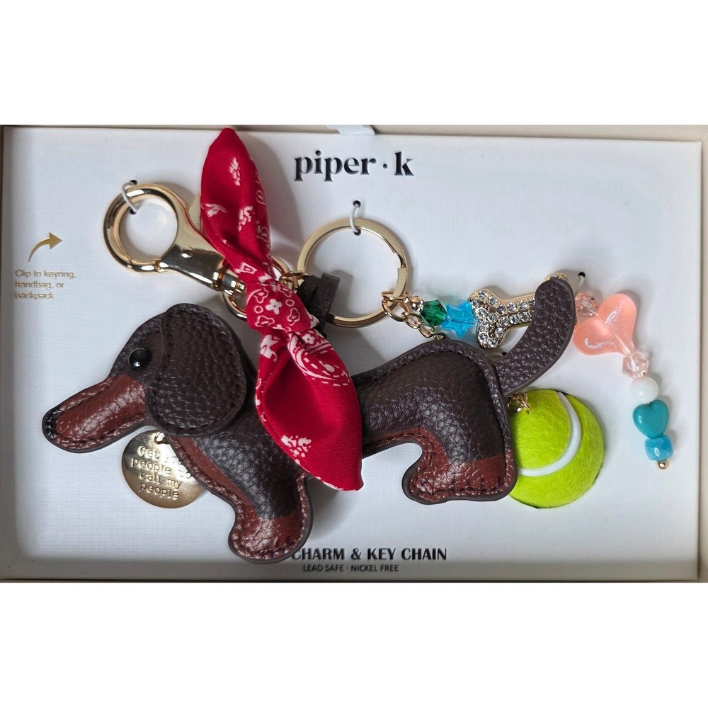Piper K Dachshund with Bone & Tennis Ball Key Chain & Bag Charm Rare! New in Box